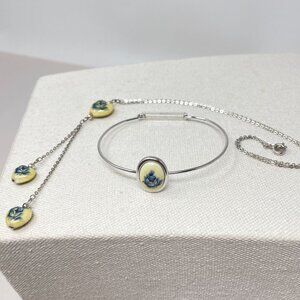 Vintage Japan Necklace & Bracelet Set Blue Rose Y-Drop Chain Dainty‎ Heart